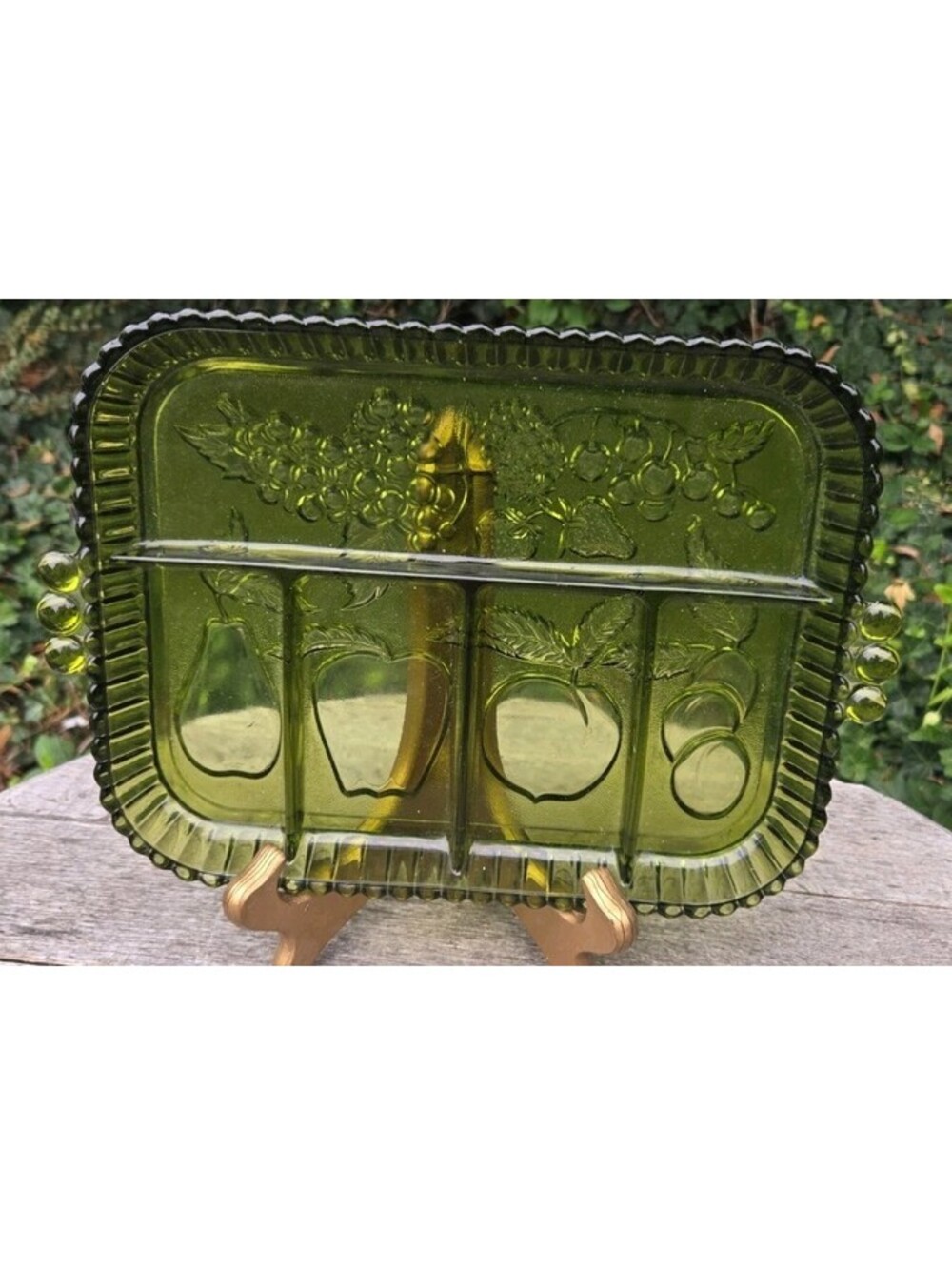 Indiana Glass Olive Green 5-Section Divided Fruit Relish Serving Tray Dish 12X9"